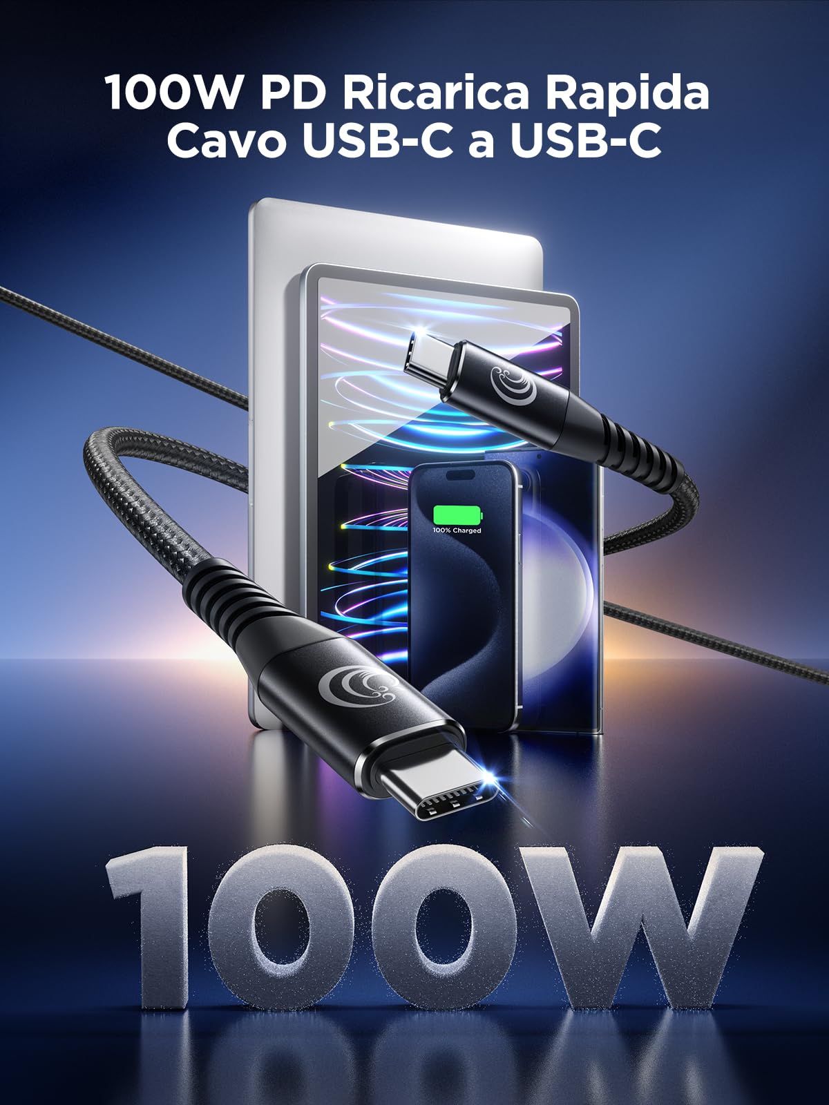 Cavo USB C 3M 100W 5A Ricarica Rapida PD Type-C Nylon per iPhone 17 15 16 Pro Max Plus iPad MacBook Samsung Galaxy S25 S26 Google Pixel