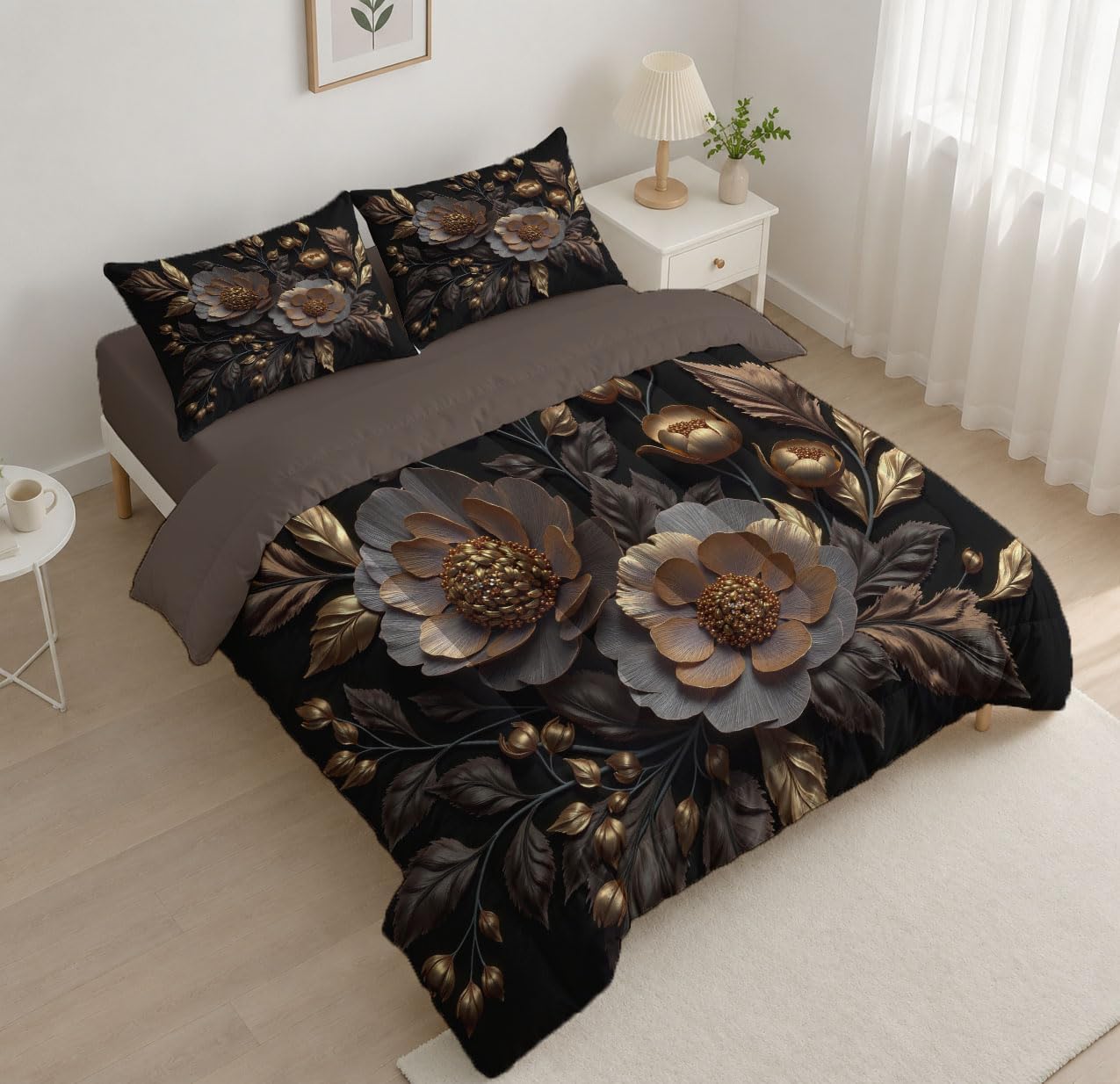 Understated Luxury And Dark Aesthetics Comforter Set Queen Size, Plants And Flowers Bedding Set For Girls Boys, Black Gold Quilt Bed 90"X90" Bedding Comforter Sets With 2 Pillowcase Room Decor