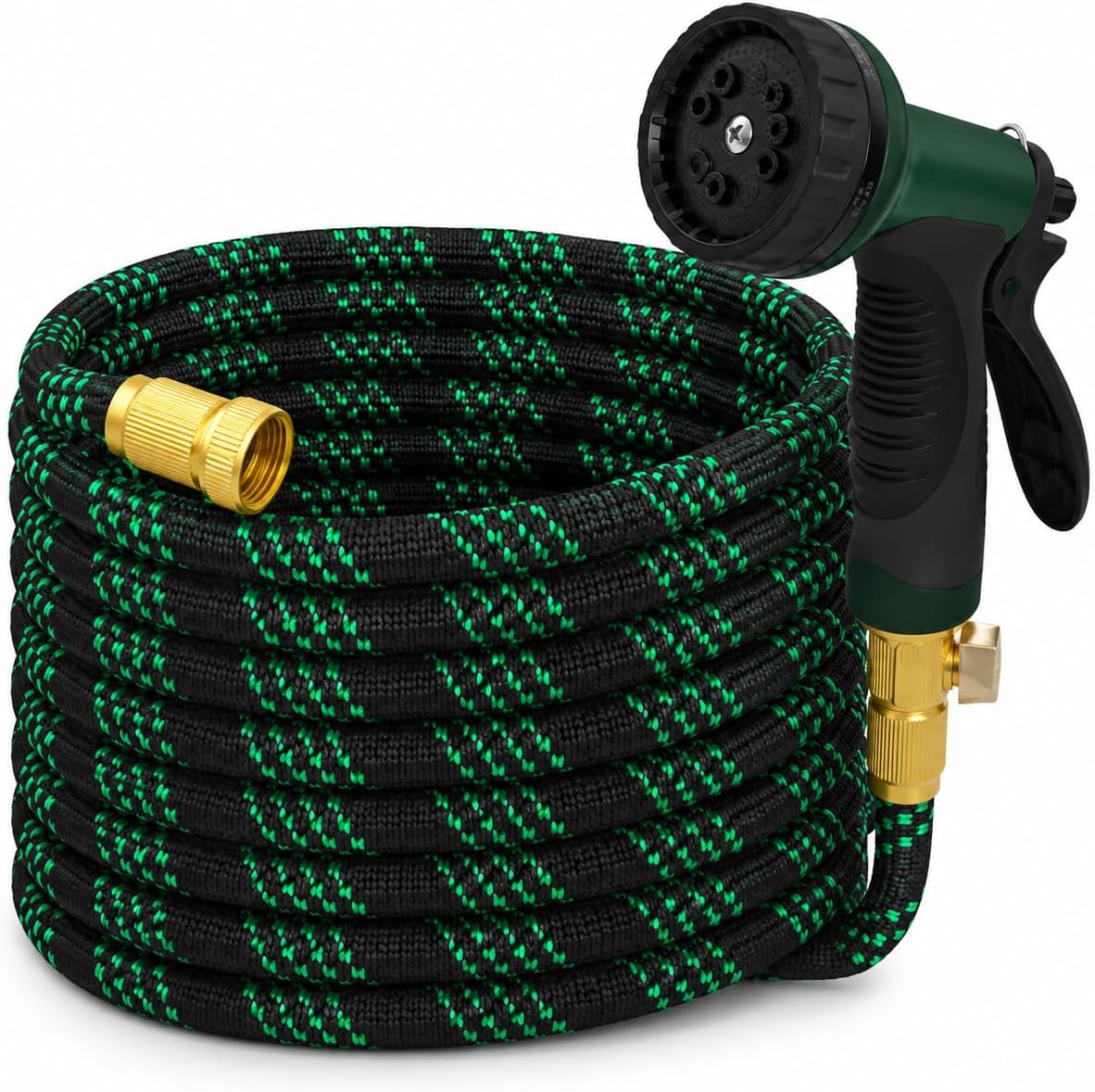 Hosetop Black and Green non-expanding garden hose with 10-function nozzle