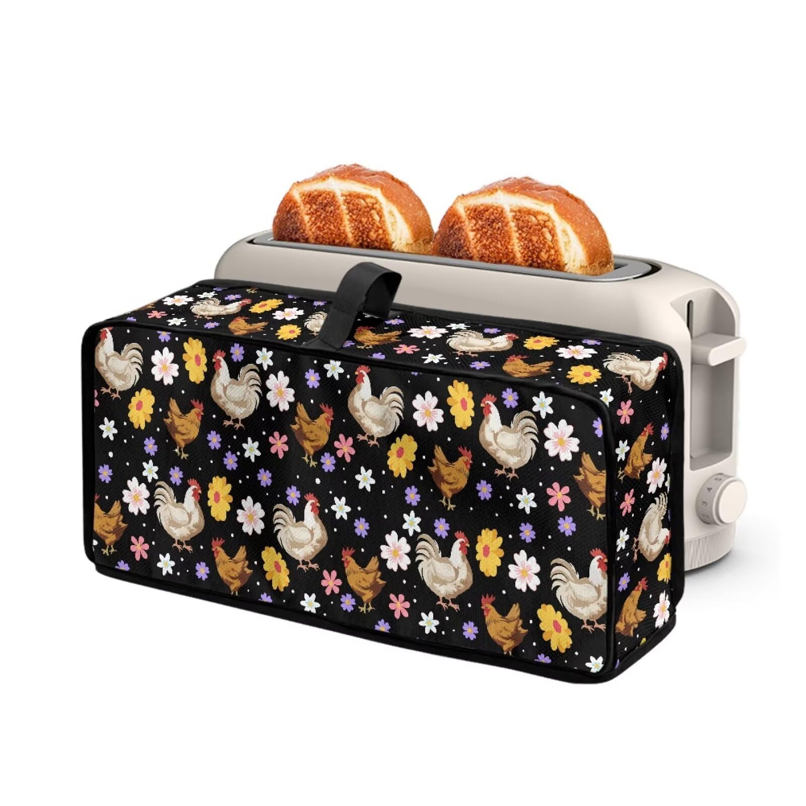 2 Slice Long Slot Toaster Cover with Top Handle Universal Fit Most Standard Slim Bread Maker Oven Machine Dust Cover Cartoon Floral Rooster Print Women Gifts