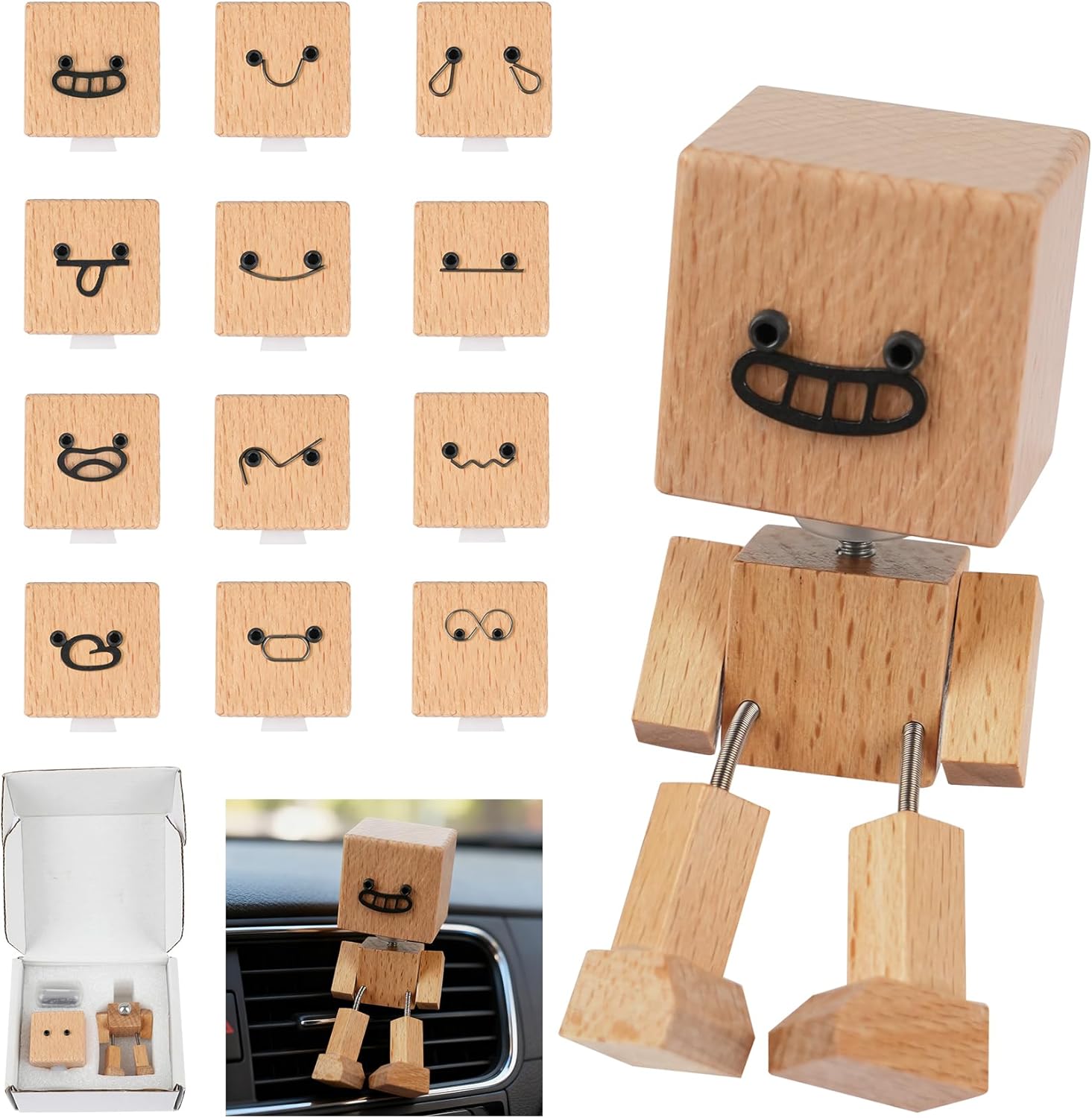 Manoai Shaking Wooden Man Figurine, Shaking Feet Woodens Doll with 12PCS Magnetic Expressions, Handmade Shaking Feet Wooden Car Dashboard Decorations, Creative Wood Desktop Decor