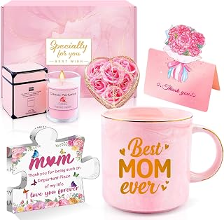 Birthday Gifts for Mom from Daughter, Cute Christmas Mothers Day Gifts for Women after Birth with 12 Oz Pink Coffee Mug Acrylic Plaque Sign Floral Greeting Card