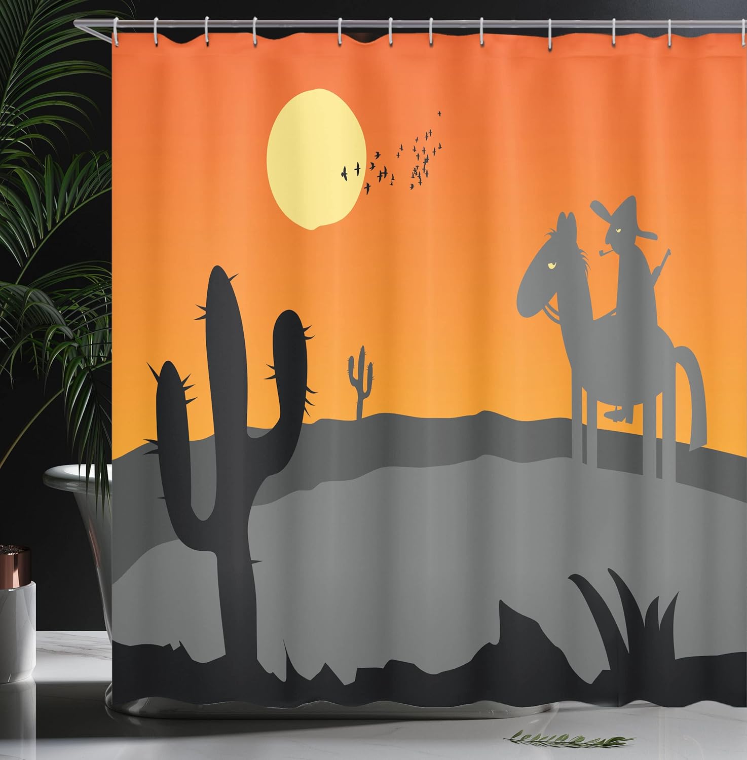 Ambesonne Southwestern Shower Curtain, Cartoon Style Hot Mexico Desert Landscape with Saguaro Cactus and Horse Rider, Cloth Fabric Bathroom Decor Set with Hooks, 69" W x 70" L, Grey and Orange