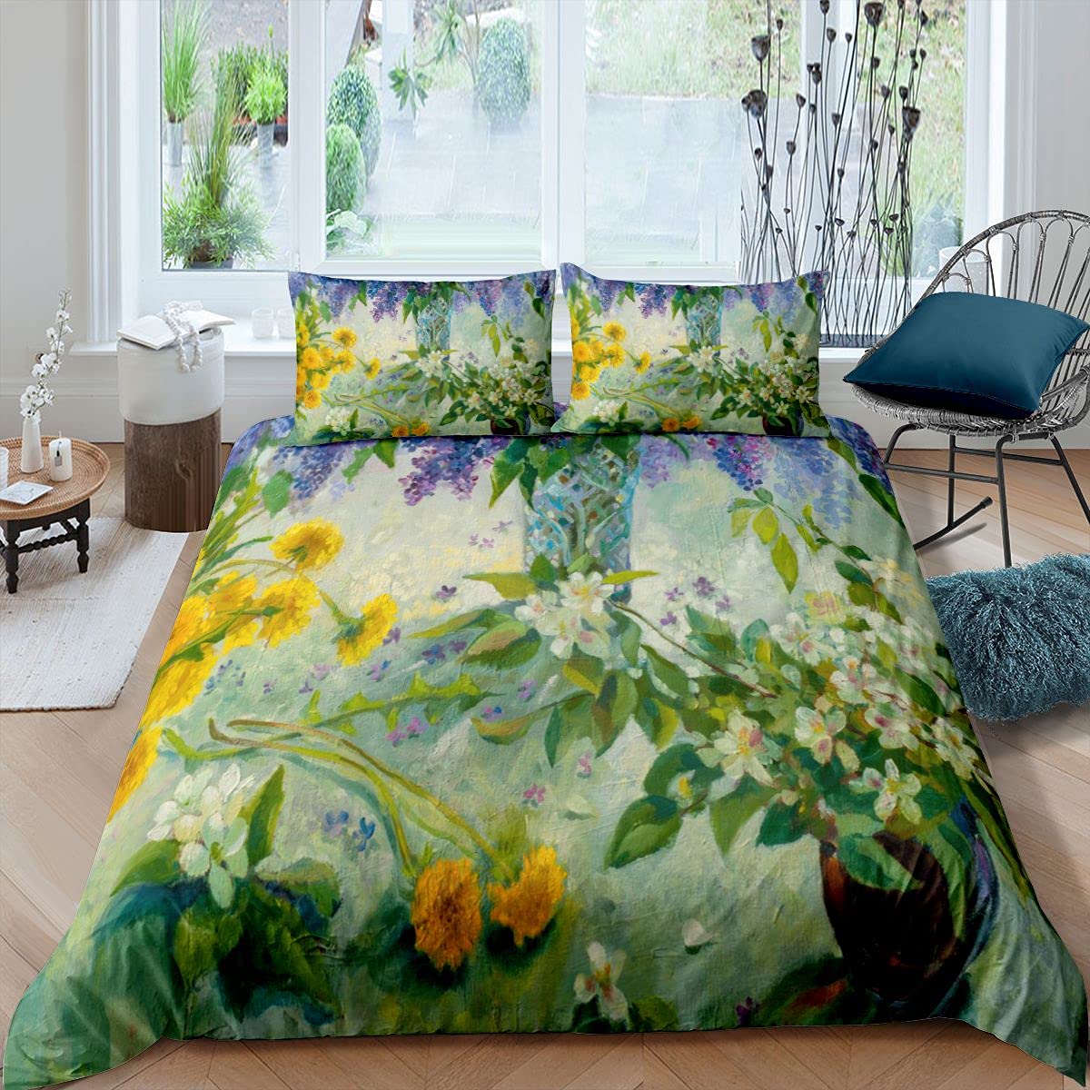 Juego de ropa de cama con estampado floral al óleo y flores de flores, ropa de cama y lino para niños, niñas, adolescentes, hojas botánicas, funda de edredón transpirable, funda de edredón y ropa de