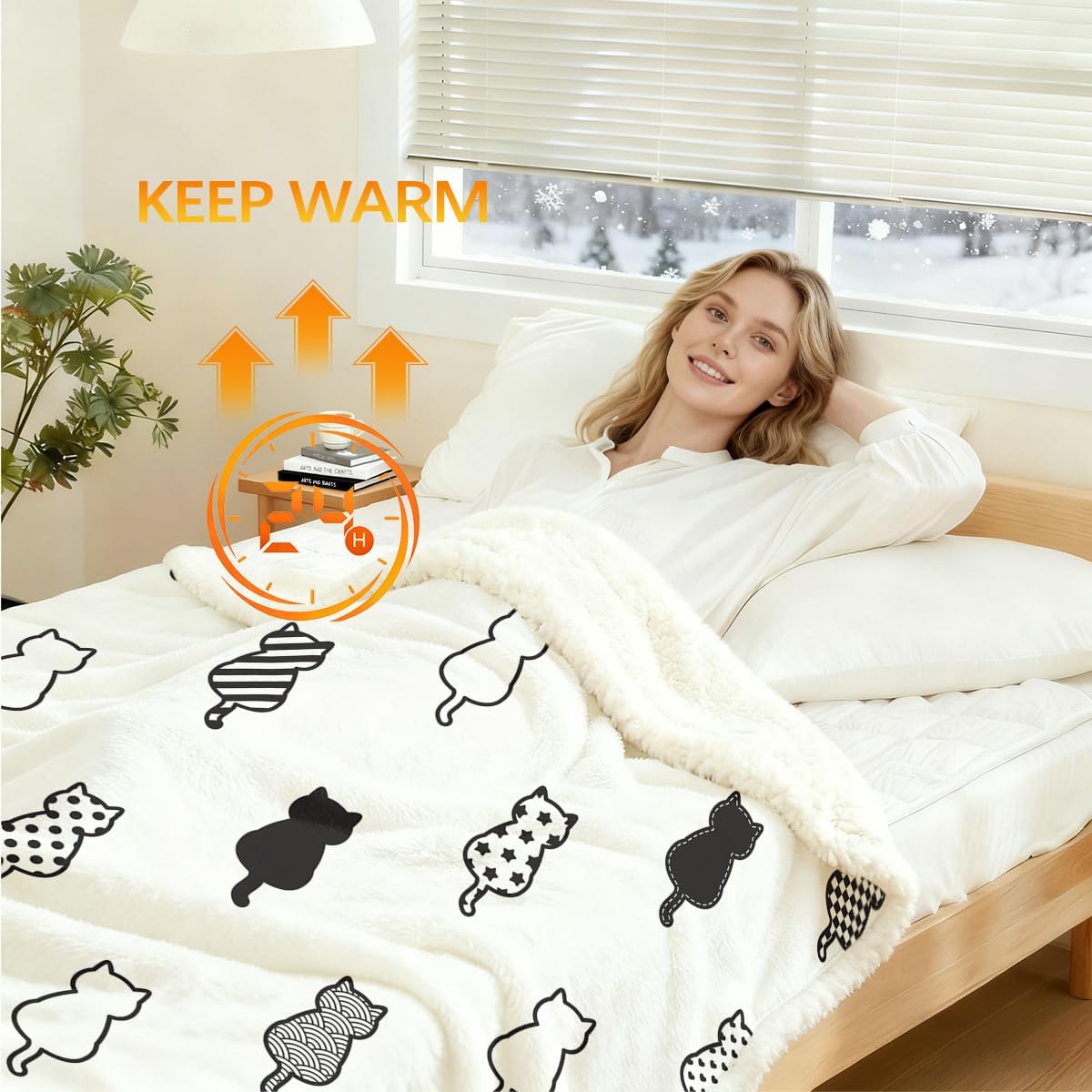 Sleepwish Black White Cat Sherpa Blanket Polka Dot Star Paw Prints Fleece Throw Blanket for Kids Girls Napping Blanket for Cat Lovers, King(108"x90")
