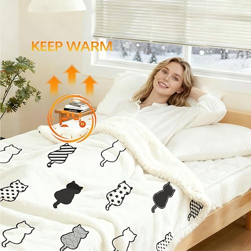 Miniatura 2 de Sleepwish Manta Sherpa de gato blanco y negro, con estampado de lunares, estrellas y patas, manta de forro polar para niños y niñas, manta de siesta