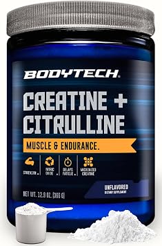 BodyTech Creatine + Citrulline Powder, Supports Strength, Pumps & Endurance, Pre Workout Supplement for Men & Women, Unflavored, 12.9 Oz, 30 Servings