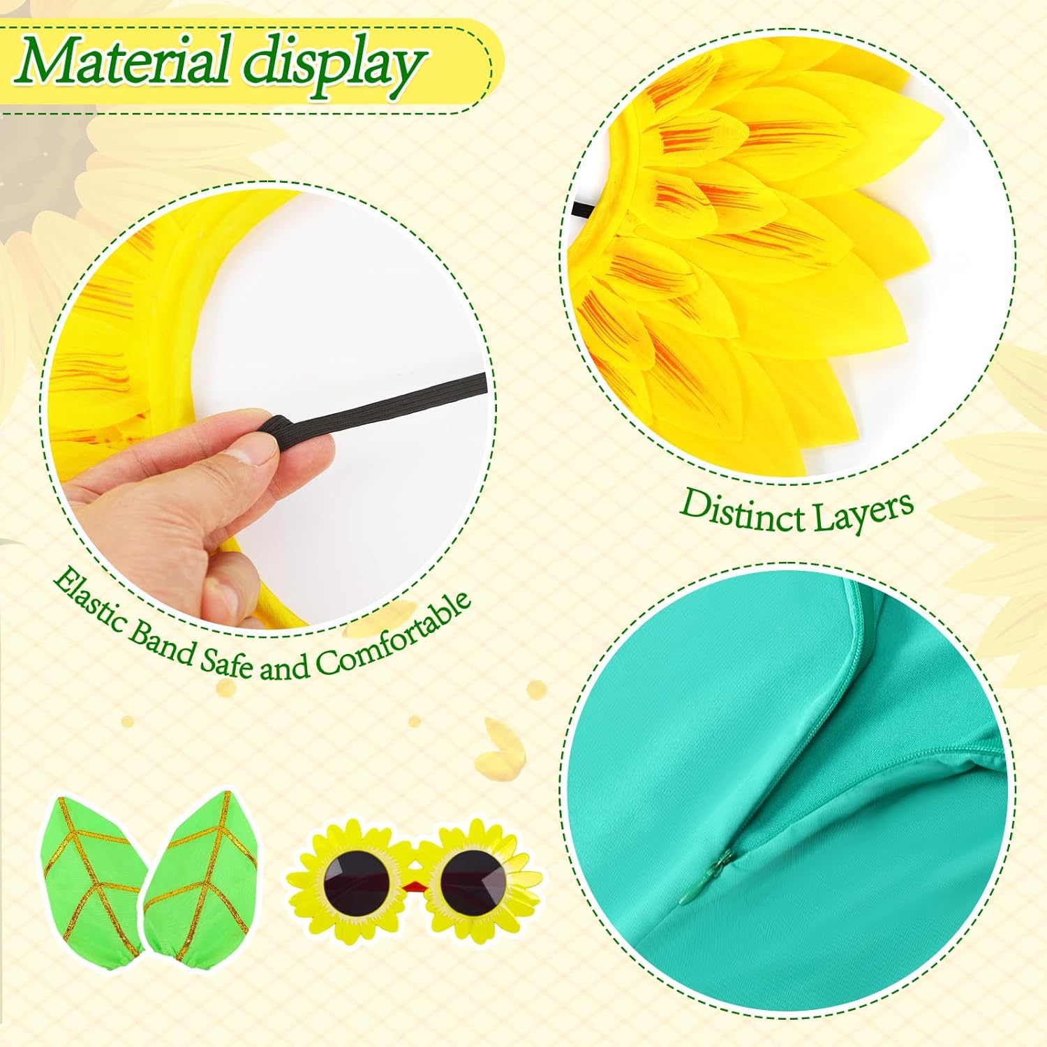 5pcs Sunflower Halloween Costumes for Women Cosplay Green Bodysuit Skirt Yellow Hood Headpiece Glasses Leaf Glove Accessory - Image 3