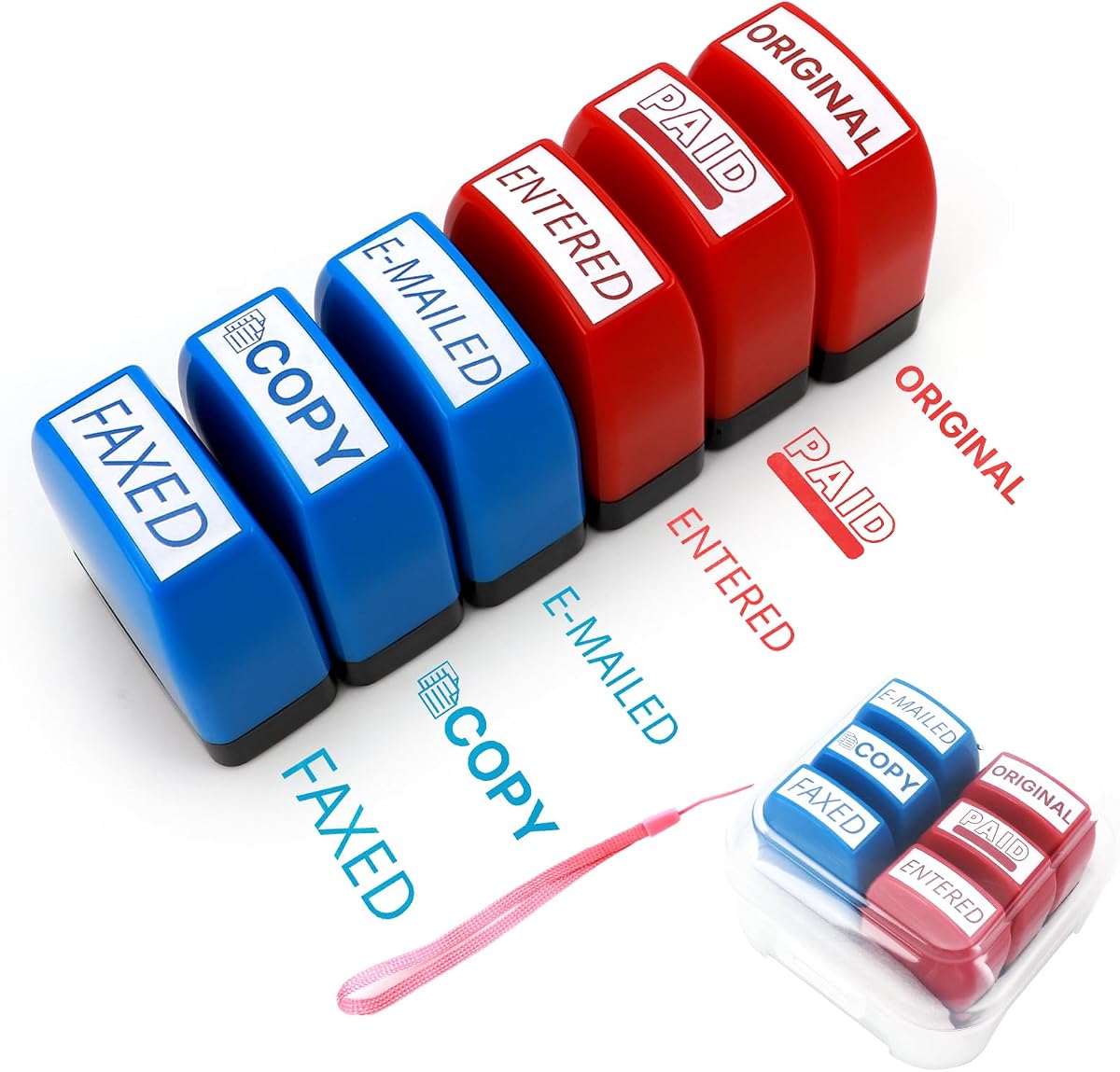 Juego de sellos de oficina portátiles, 6 piezas (ingresados, pagados, enviados por fax, copia) - Sellos de goma rojos y azules autoentintados para trámites, documentos comerciales, correos electrónicos, registros | por 6uGooes