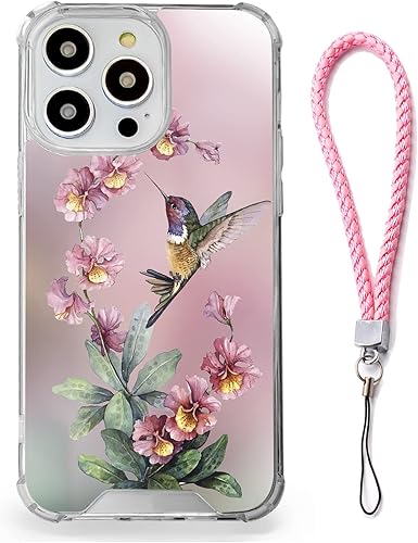 Miniatura 1 de Elgzigok EChaopeng - Funda transparente para iPhone 14 Pro Max, diseño floral rosa colibrí, correa de muñeca, esquinas reforzadas de silicona a
