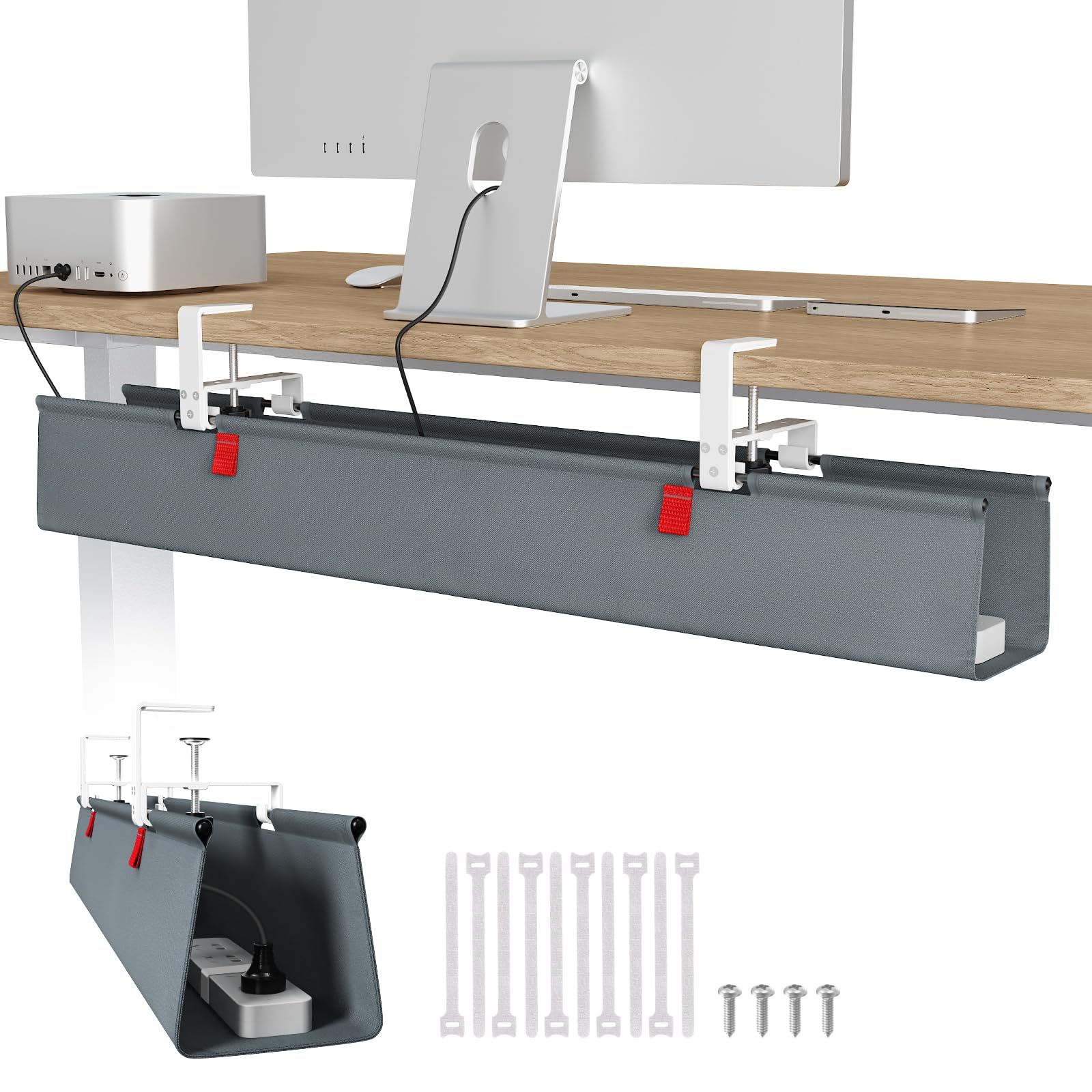 Univivi No Drill Under Desk Cable Management Tray, 36" Cord Organizer for Table, Clamp/Screw Mount Desk Cable Management, Premium Fabric Cable Management Tray for Office, Home Grey 36"L x 5.5"W