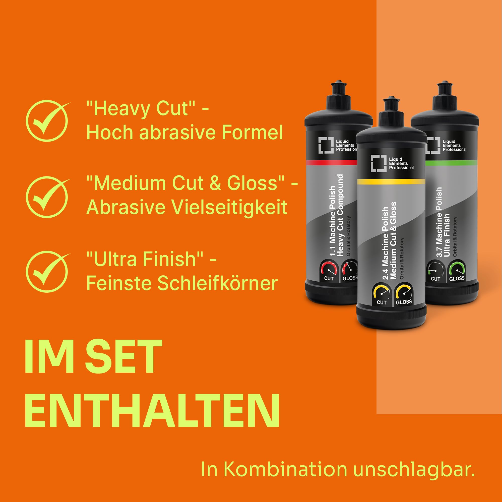 Liquid Elements Autopolitur-Set Heavy, Medium Cut & Ultra Finish 1L | Feine Polierpaste für Autolacke mit Kratzern, minimal abrasiv & silikonfrei, ideal für alle Poliermaschinen