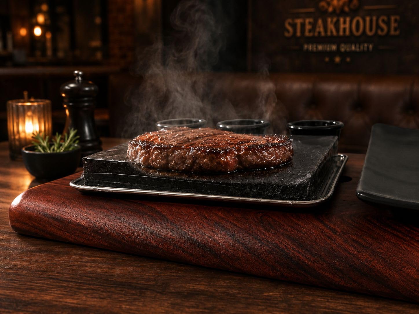 Heißer Stein Steak Set mit Akazienholzbrett – Lavastein zum Grillen am Tisch, Steakstein mit Edelstahlschale & 3 Dip-Schalen, Hot Stone Grill für Steak & Fleisch