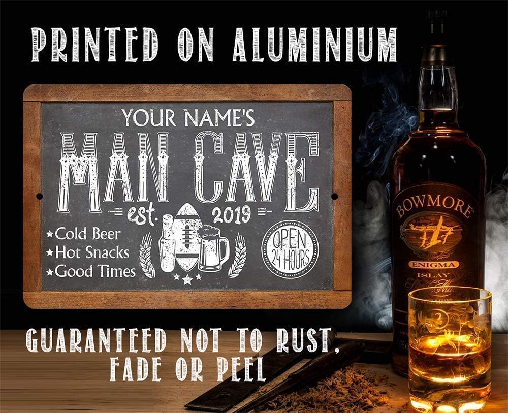 Personalized Man Cave - Funny Man Cave Home Bar Accessories, Playroom or Game Room Wall Decoration, Vintage Beer Sign for Father's Day Gift, Chalkboard Look 8x12 or 12x18 Durable Metal Sign