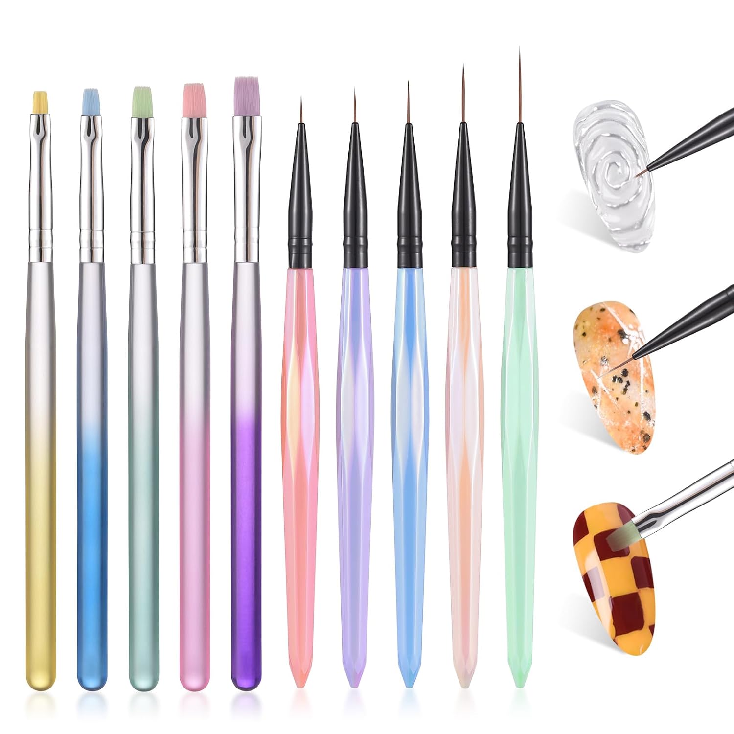 10PCS Acrylic Nail Brushes Set for Gel Polish Painting Art Design Nail Art Liner Brushes Sizes 7/9/11/15/20mm Multifunctional Nail Art Design Pen Painting Tools (Color1)