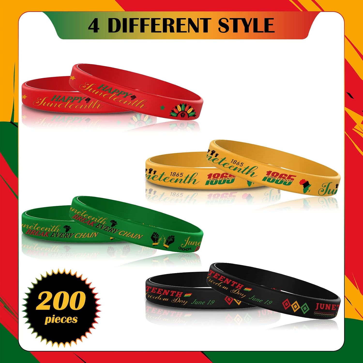 Highergo 200 Pcs Happy Juneteenth Day Party Favors Juneteenth Silicone Bracelets 1865 Black American Independence Bracelets Black Freedom Day Silicone Wristbands Juneteenth Gifts for Teens Adults