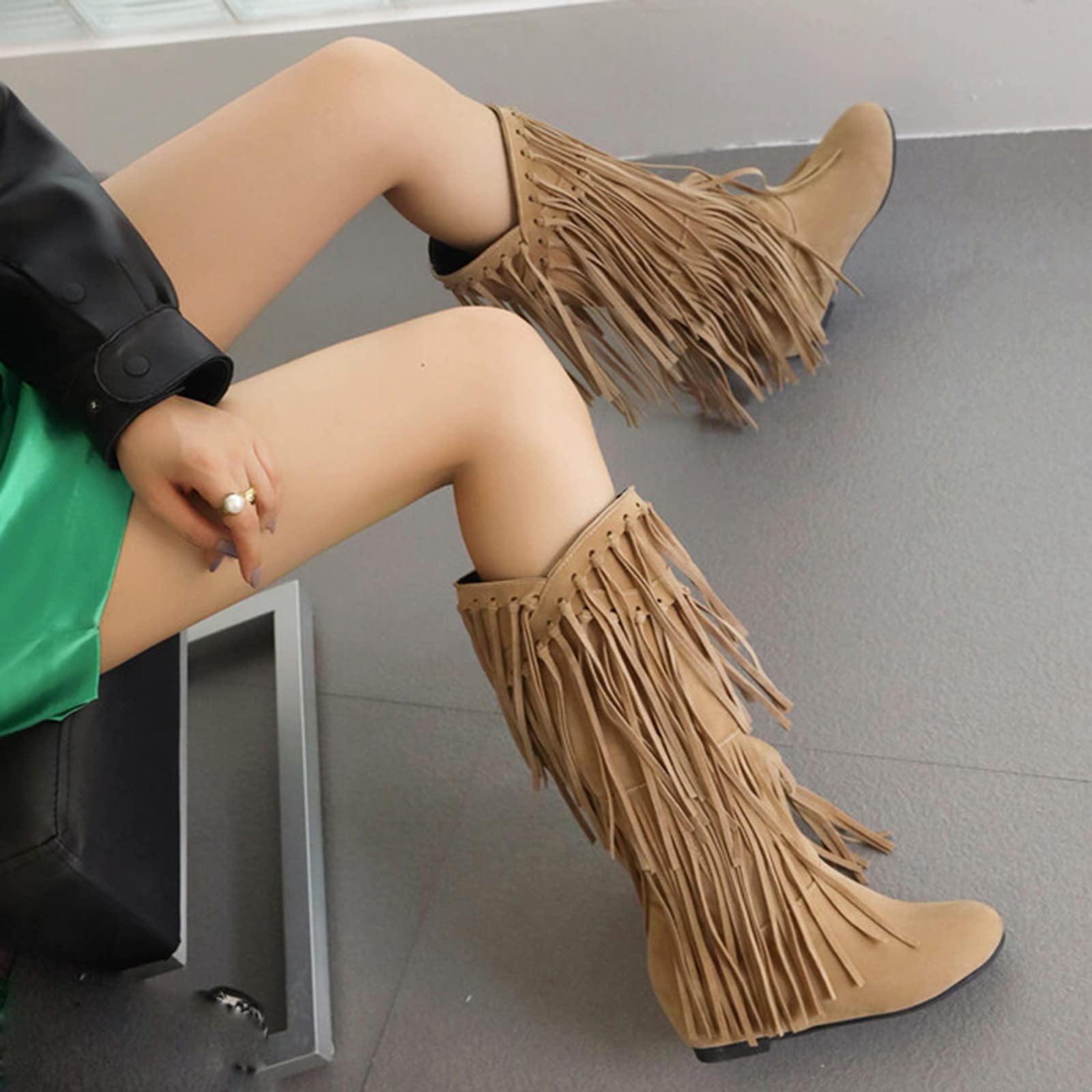Stivali da cowboy da donna in pelle scamosciata, con tacco alto al ginocchio, con frange, zeppa, antiscivolo, da equitazione, con punta tonda