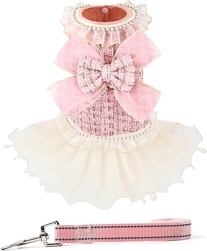 Vestido suave de malla para perros con accesorio de perlas y correa de lazo para perros pequeños y medianos, Navidad, vacaciones, picnic, fiesta de