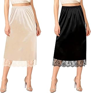 Women's 2 Pieces Lace Half Slips for Under Dresses Satin Long Underskirt Half Slip Shirt Skirt Extender