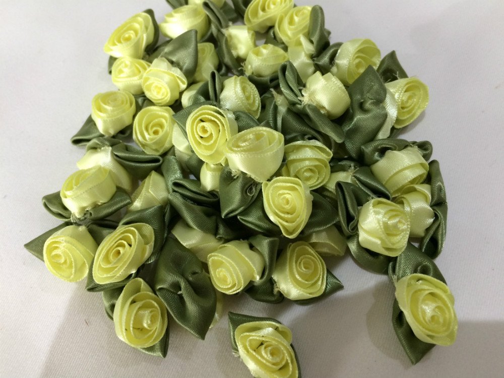 Lemon (617) Large Satin Ribbon Roses Buds Embellishments - 20 per pkt
