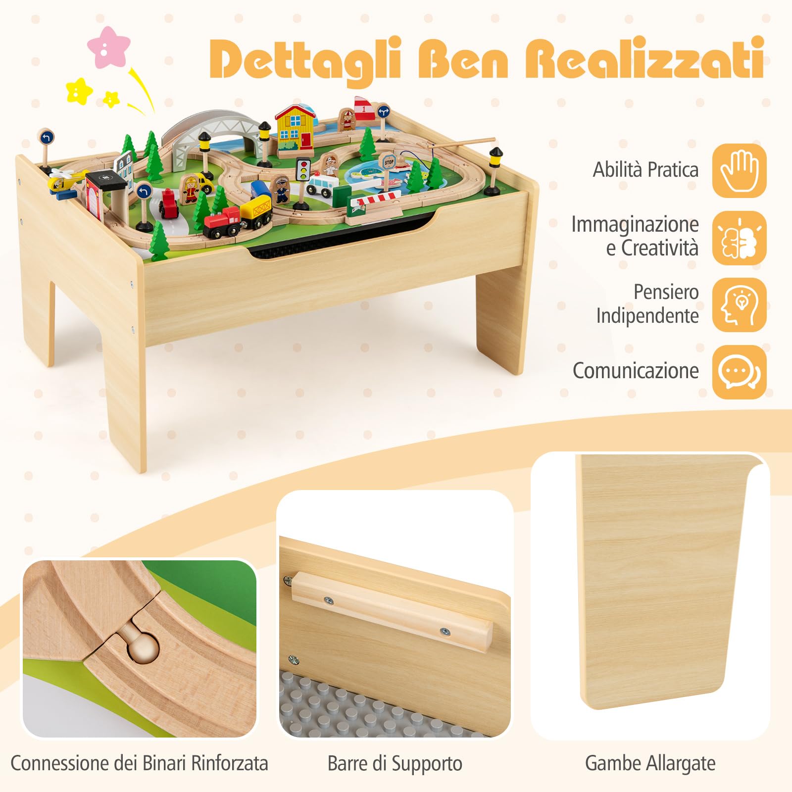 COSTWAY Tavolo e Set di Trenini in Legno, Tavolo da Gioco per Bambini con 78 Pezzi, Tavola Attività con Piano e Base Ribaltabile, Canna da Pesca Magnetica, Regalo per Bambini 3 Anni+