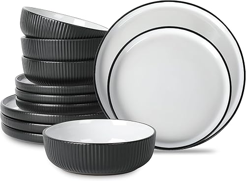 Christian Siriano Laro - Juego de vajilla de cerámica de 12 piezas, platos y cuencos, aptos para microondas y lavavajillas, juego de platos para 4,