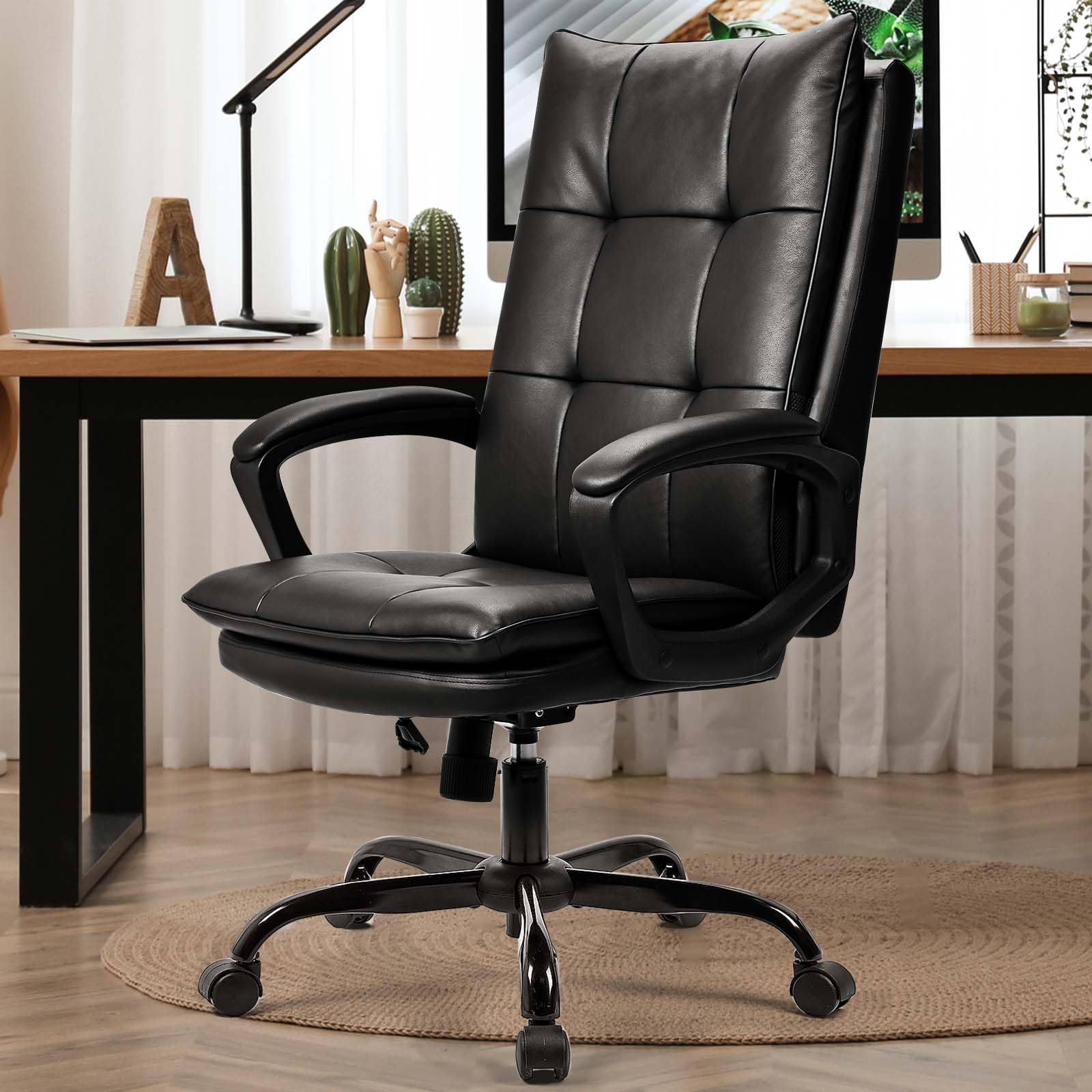 BASETBL Office Chairs for Home Ergonomic Wide Big Computer Desk Chair, Double-Layer Thick Seat Cushion Tilt, PU Leather Comfy Executive Swivel Chair for Meeting Business Study Gaming, Black