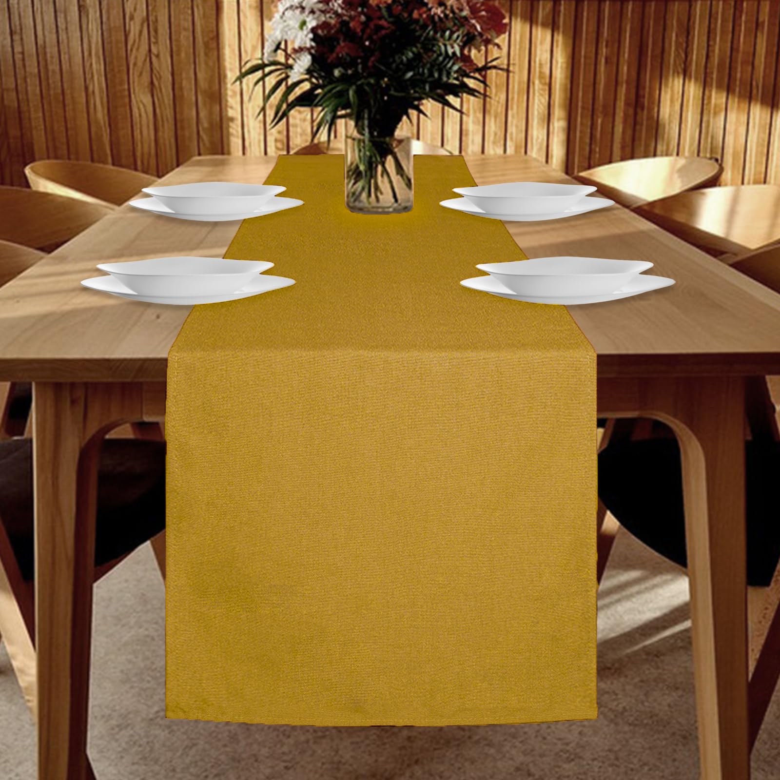 YUNSHANGHE Waterproof Table Runner 40 x 140 cm Linen Look Modern Washable Table Runner for Dining Room Party Decoration (Yellow) — image 1