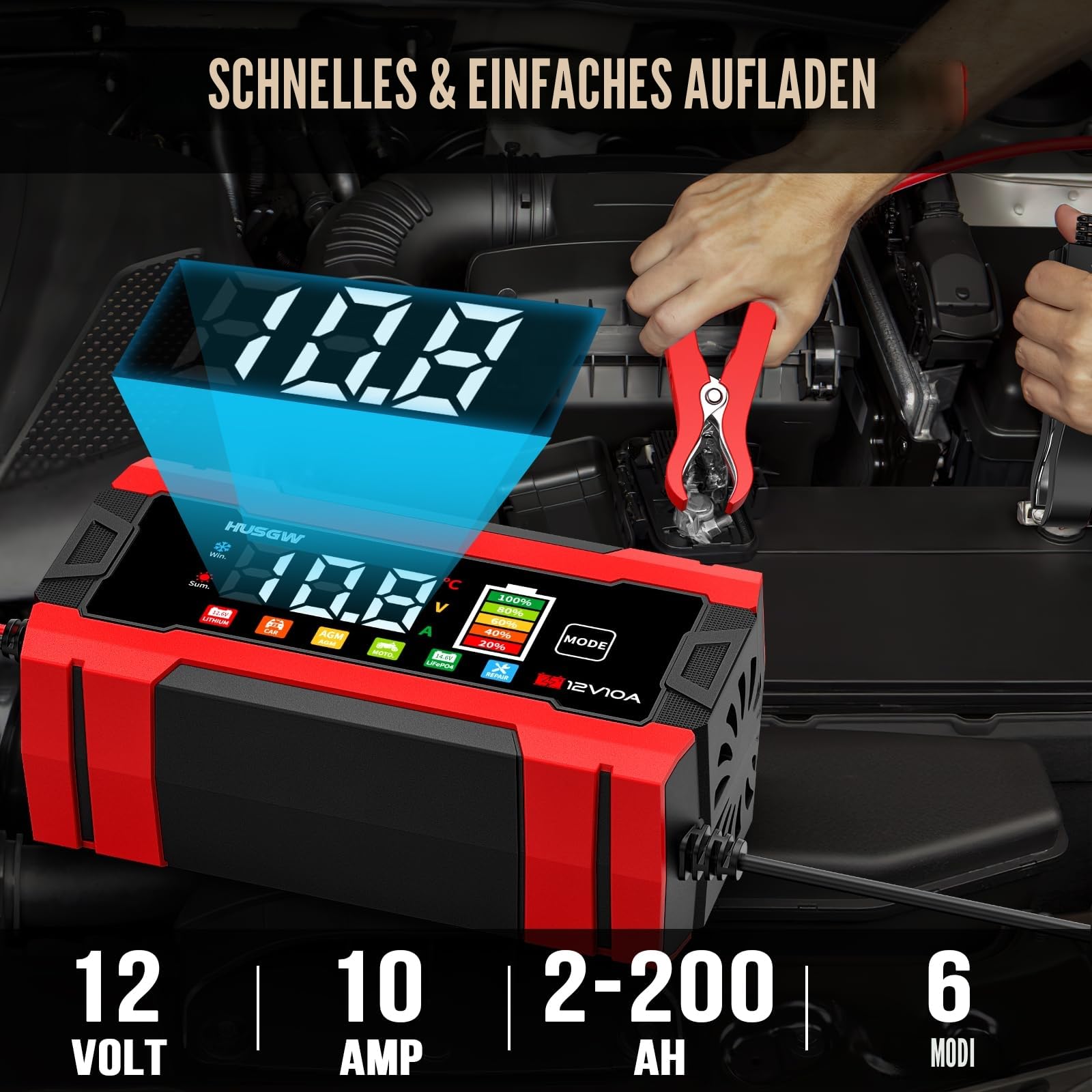 12V 10A Autobatterie Ladegerät mit Farbdisplay, automatischer Abschaltung & Temperaturkompensation, für Auto/Motorrad (AGM/EFB/Gel/LiFePO4), 6-Fach Schutz(Rot 10)