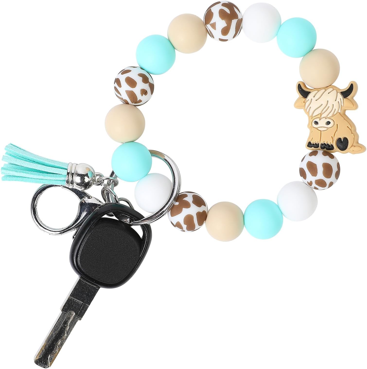 LONAIHighland Cow Wristlet Keaychain for Women, Silicone Cow Print Beaded Bracelet Keychains