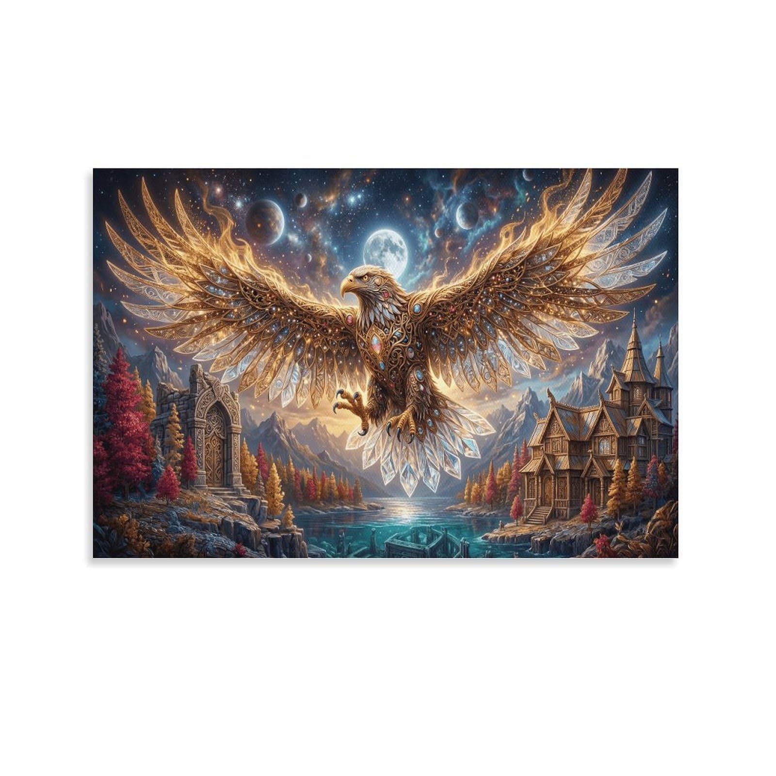 XPASHIQWC Flame Eagle Poster Artwork Galaxy Ancient Castle Giclee Canvas Prints Modern Canvas Wall Art Picture Wall Hanging for Living Room Home Decorations 20x30inch(50x75cm)