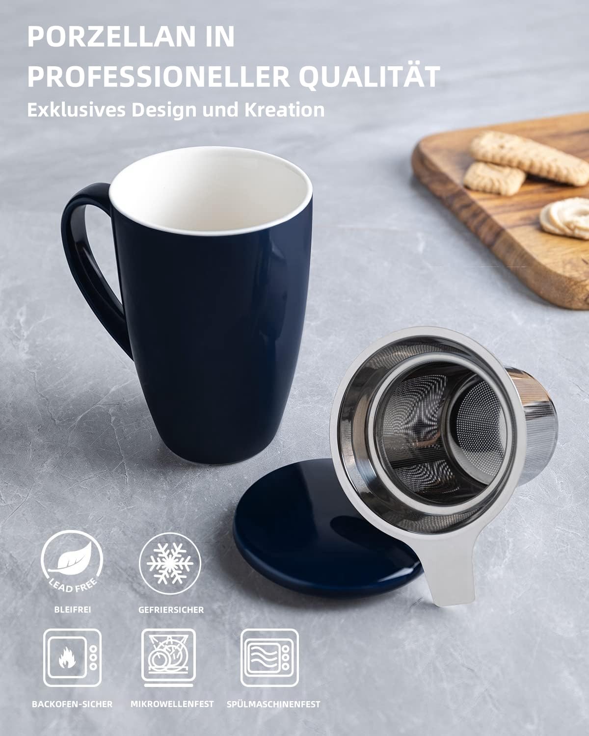 Tasse à thé en porcelaine avec infuseur et couvercle, accessoire de thé avec filtre, tasse à thé en vrac avec infuseur, 450 ml pour thé/café/lait/bureau/maison/cadeau (Beu Royal)