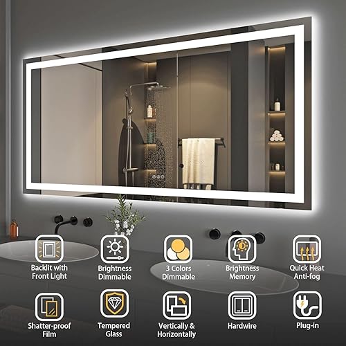 Miniatura 8 de Espejo de baño LED de 72 x 36 pulgadas con luz frontal + retroiluminada, espejo de baño de vidrio templado con luces, antivaho, 3 colores con