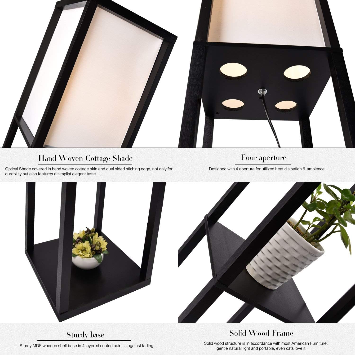 LED Shelf Floor Lamp Simple Design Modern Standing Lamp Floor with Soft Diffused Uplight Asian Style Wooden Frame with Convenient Open Box Display Shelves Black