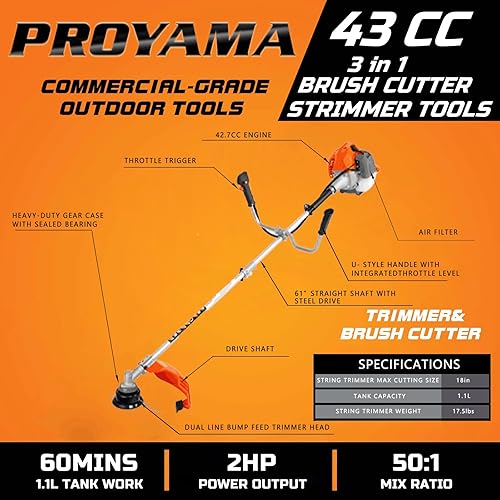 Miniatura 8 de PROYAMA Cortador de cepillo a gas de 40 cc, comedero de malas hierbas de 4 ciclos, recortador de hilo de gas de doble línea 3 en 1 y recortador de