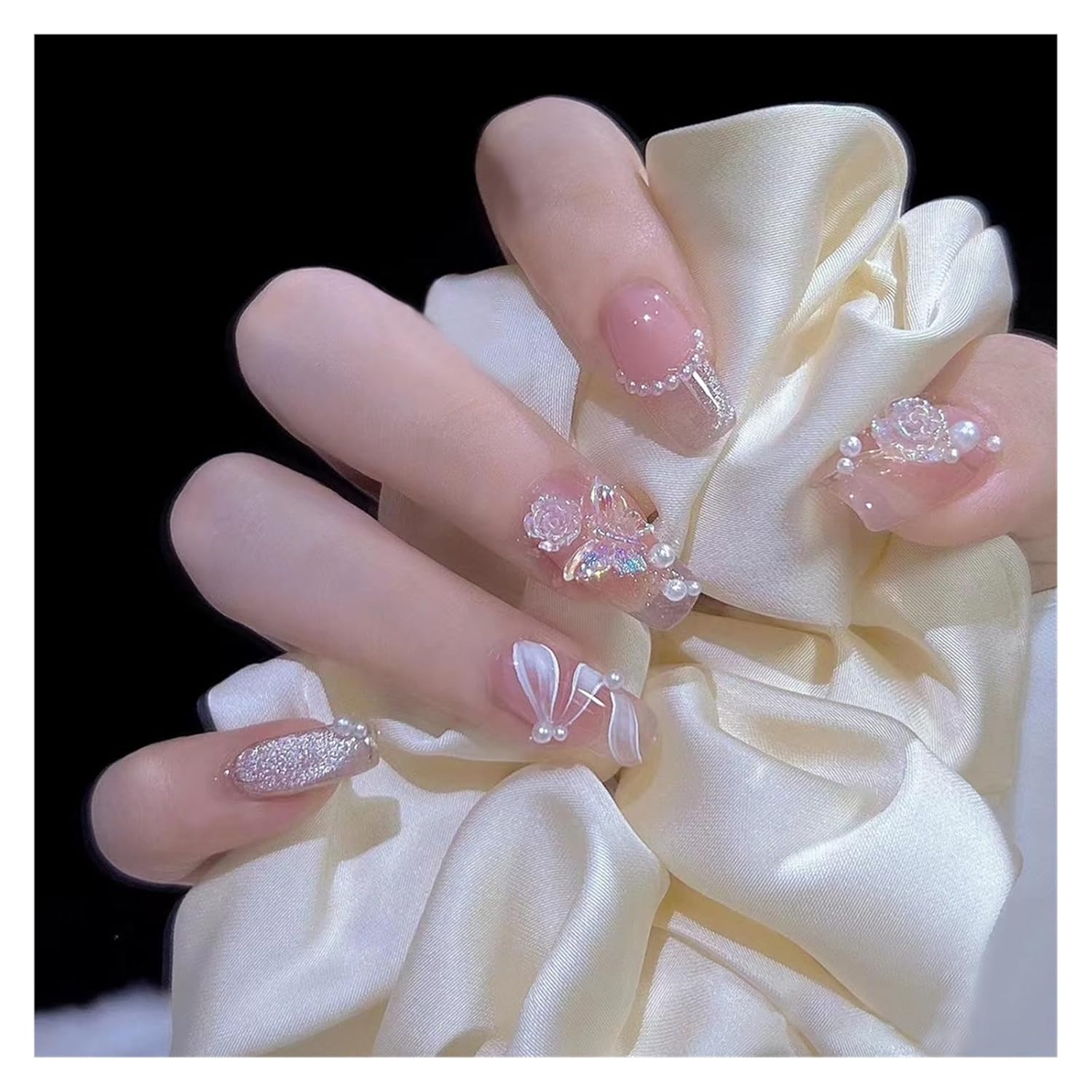 Camellia Wear Nail Art Patch Removable Ribbon Pearls Gentle Nude Whitening
