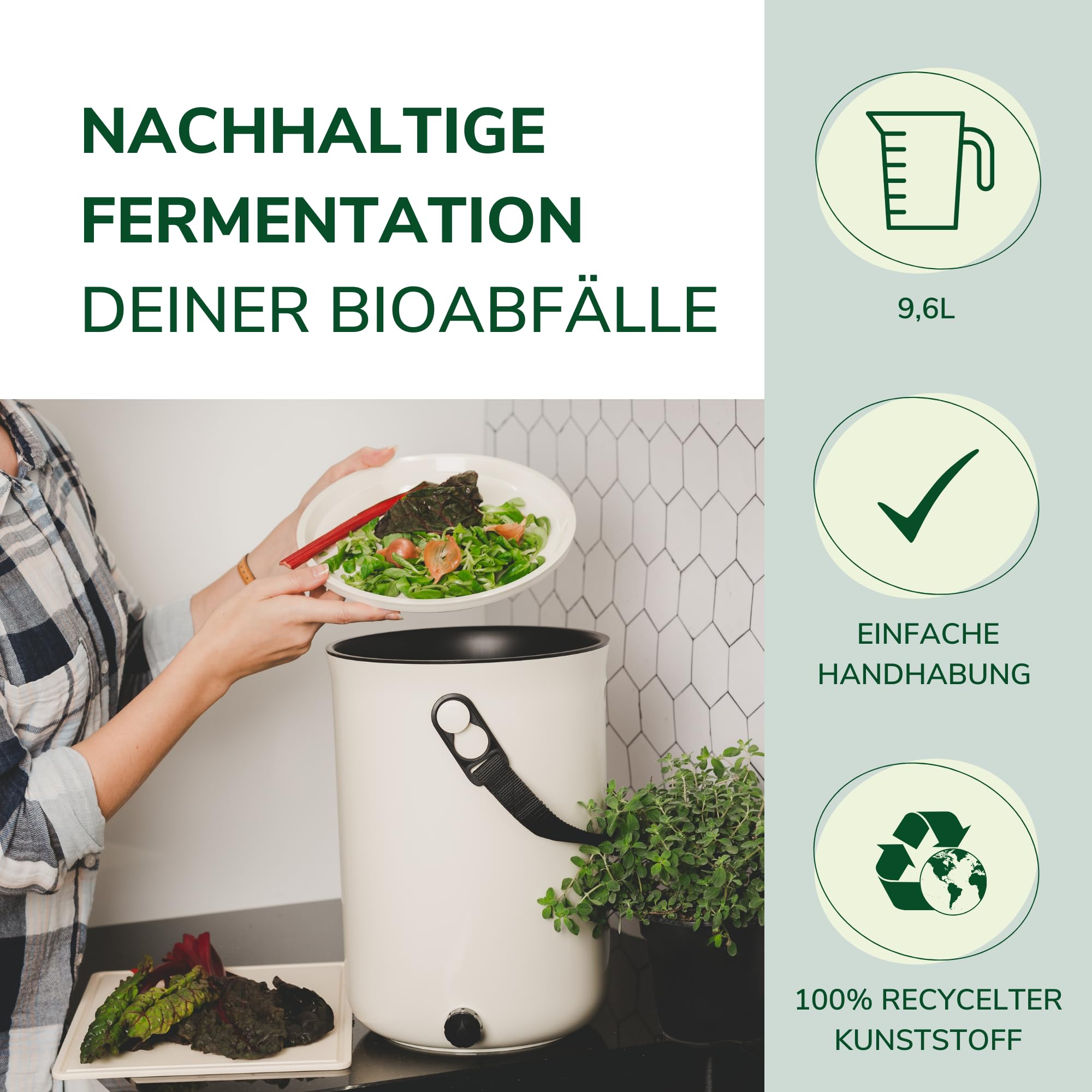 Natursache I Bokashi Eimer - Nachhaltige Abfallverwertung in der Küche - mit Bokashi Ferment und effektiven Mikroorganismen - Geruchlos & Umweltfreundlich! (Cream)