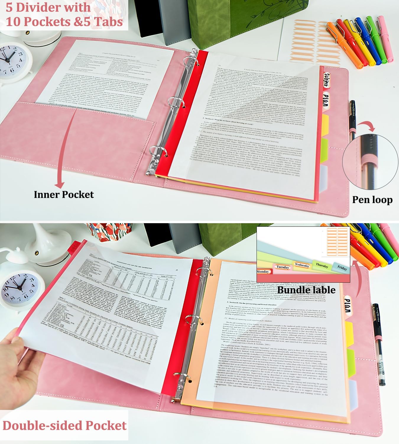 Classeur à 3 anneaux en cuir de 2,5 cm, avec porte-pinces, classeur KLLVE à trois anneaux avec porte-stylo (rose, format lettre)