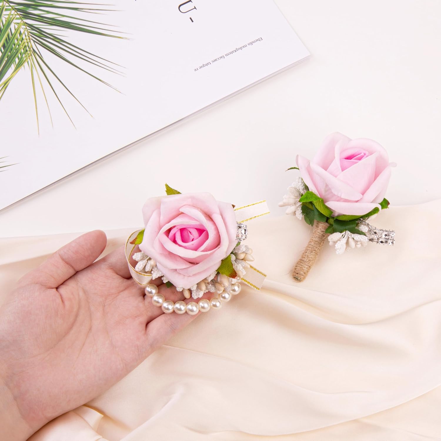 SITUMEIZI 2Pcs Pink Corsage and Boutonniere Set Corsage Wristlet for Prom Decor Boutonniere for Men Wedding Flowers Accessories Party Suit Decoration(Light Pink) - Image 3