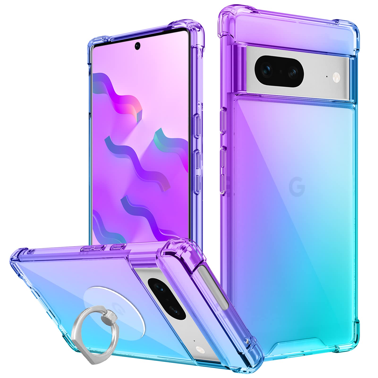 Marphe for Google Pixel 7 Case with [Ring Kickstand Holder] Clear Gradient Soft TPU [Reinforced Corners] Shockproof Protective Phone Case Cover for Google Pixel 7-Purple Blue