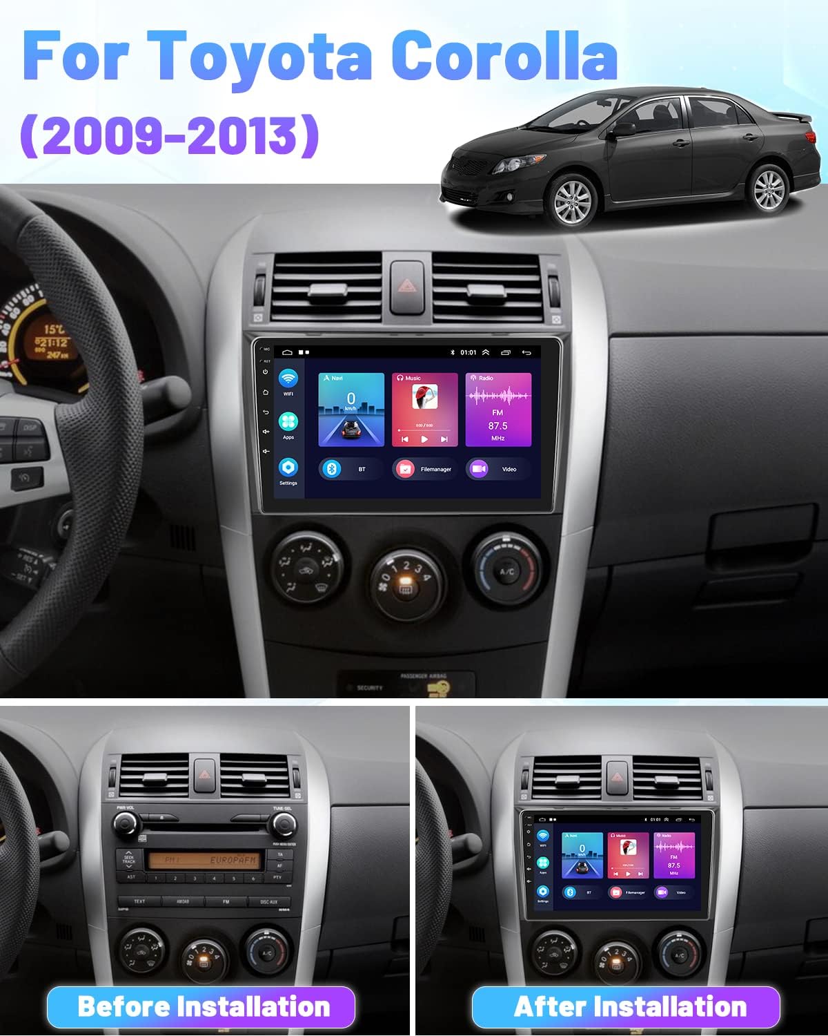 9 inch touchscreen car stereo for toyota corolla 2009 2013 2gb32gb android 11 car radio with apple carplay android auto hifi gps navigation bluetoot