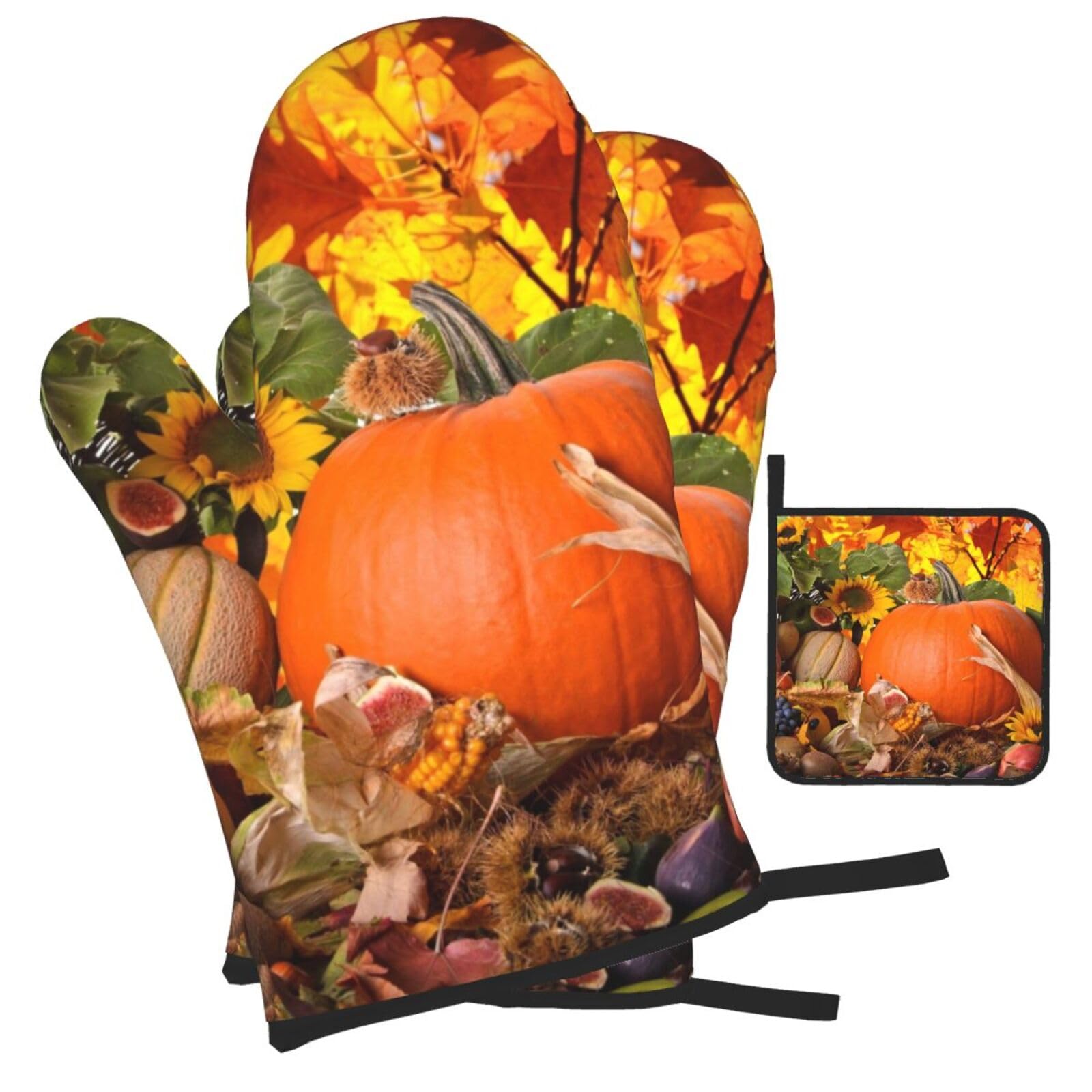 Leaves Happy Thanksgiving Day Pumpkin Printed Oven Mitts and Pot Holders Heat Resistant Set of 3 Pcs, Modern Kitchen Gloves & Potholders for Cooking Baking Grilling