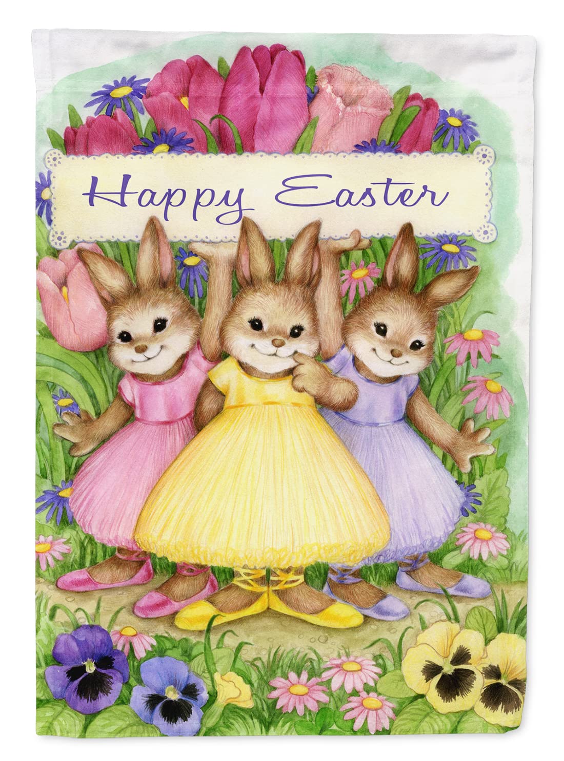 Drapeau Three Bunnies Happy Easter en toile canevas épaisse grand format multicolore