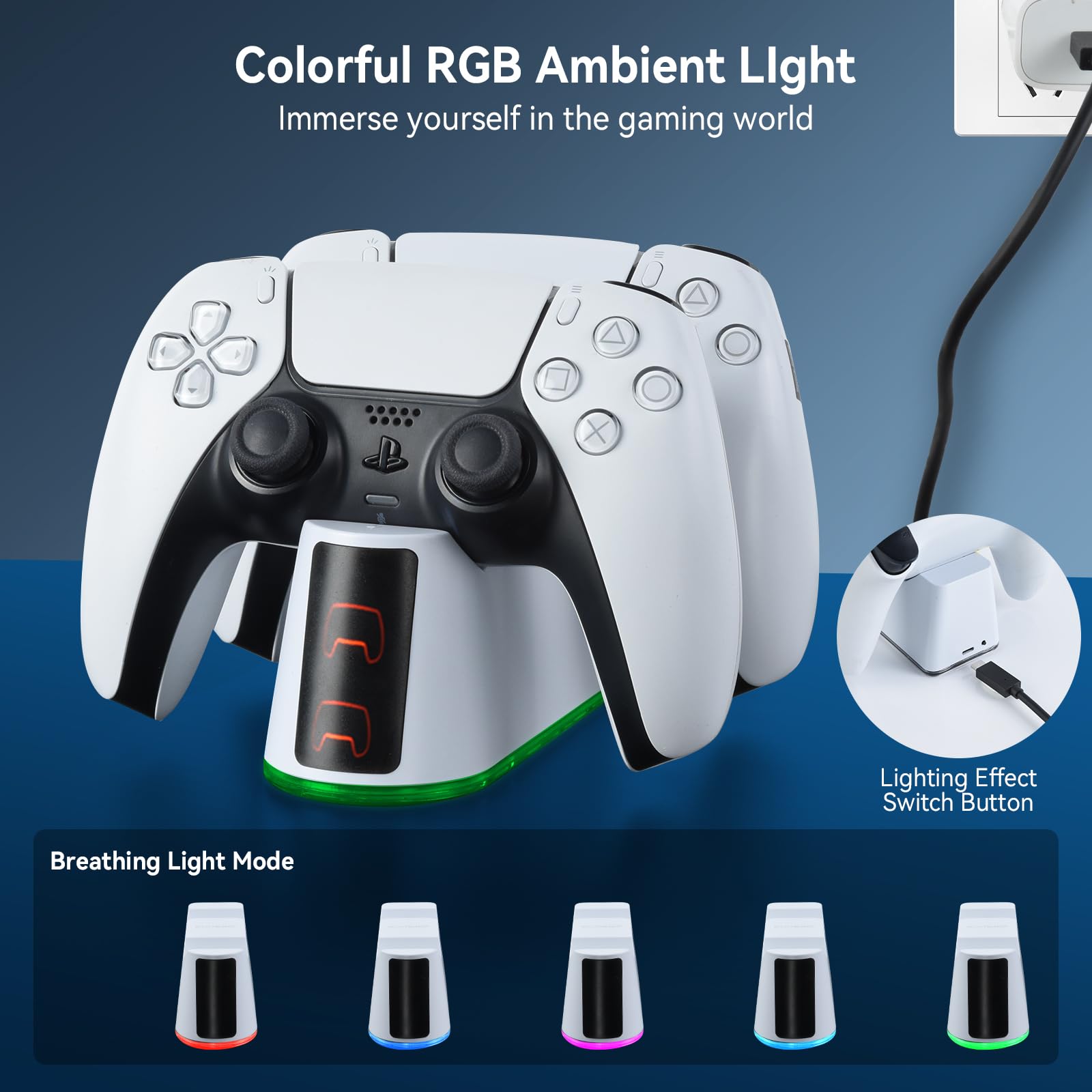 ELUTENG Stacja ładująca do kontrolera PS5 DualSense i Edge, RGB, akcesoria ze wskaźnikiem LED, ładowarka do kontrolera PlayStation 5 z 2-godzinnym czasem ładowania