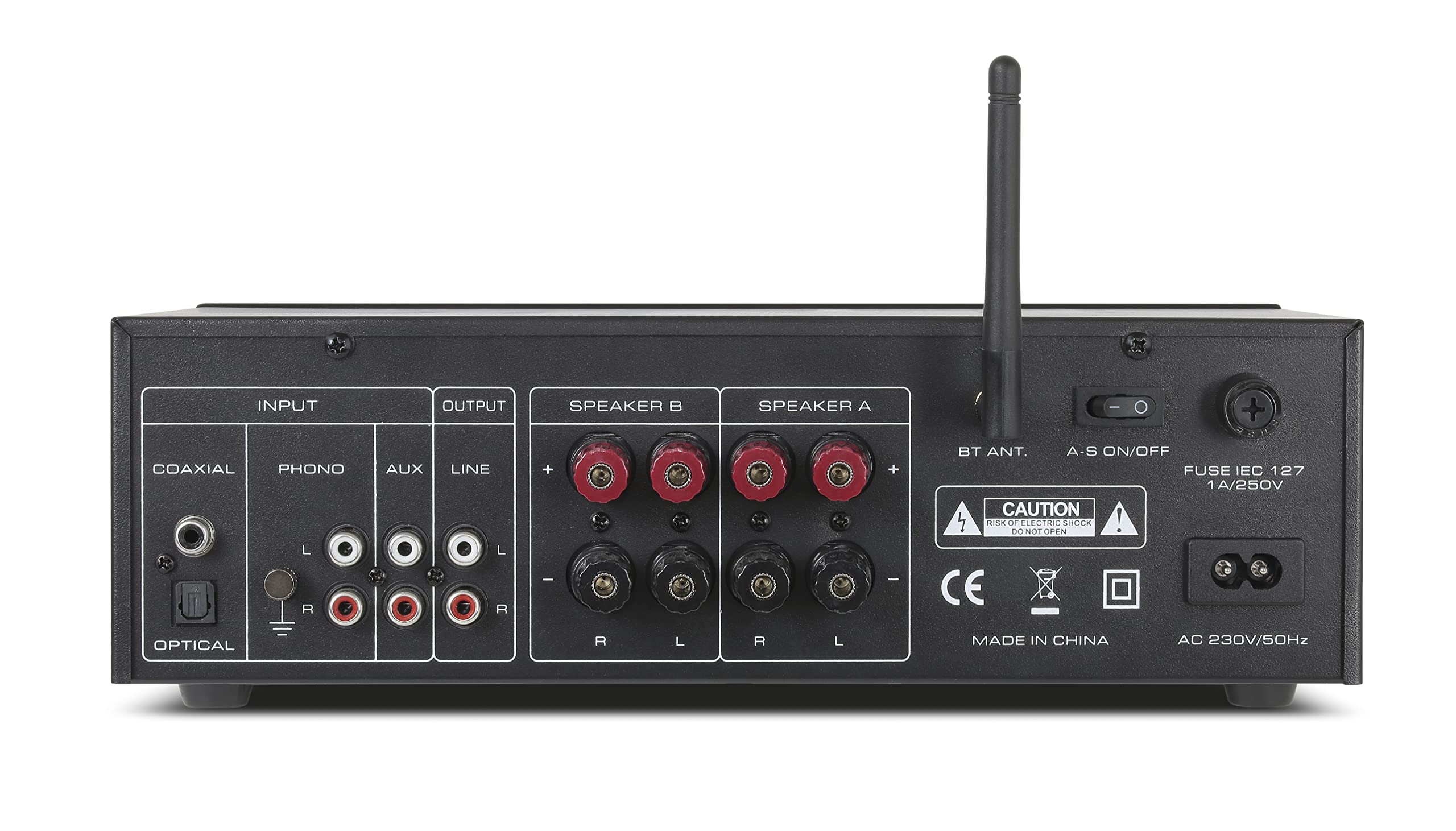Dynavox VT-90 amplificatore stereo compatto, terminali di connessione a vite per 4 altoparlanti, telecomando, ingresso phono, trasmissione BT, nero