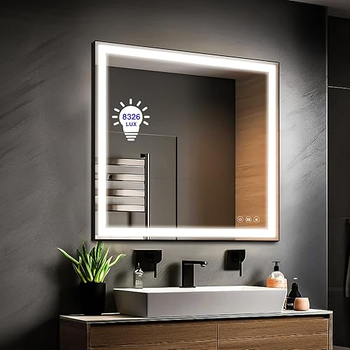 Espejo de baño LED con marco de metal, 36 x 36 pulgadas, espejo de tocador con luces delanteras regulables, espejo iluminado para pared, antiniebla,