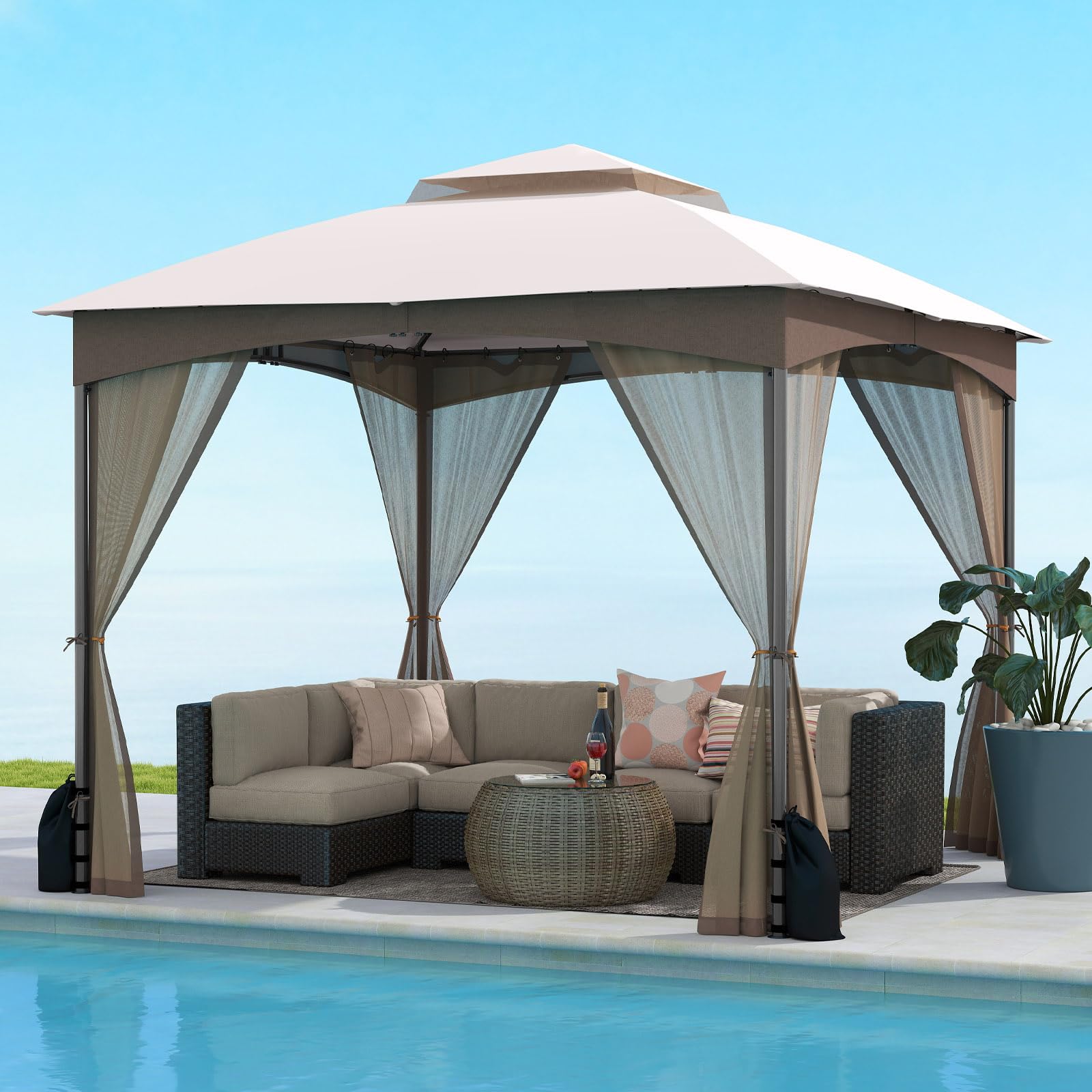 RELAX4LIFE Pergola da 3 x 3 m, con Zanzariera, Padiglione Idrorepellente con Doppio Tetto, Gazebo da Giardino con Telaio in Metallo, 8 Picchetti per il Terreno, 4 Sacchi di Sabbia (MARRONE)