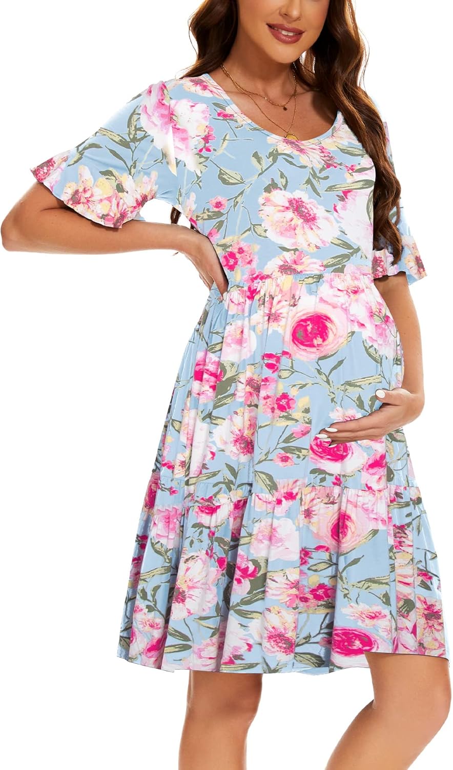 Smallshow Women's Maternity Dress Ruffle Short Sleeve Pregnancy Clothes Summer