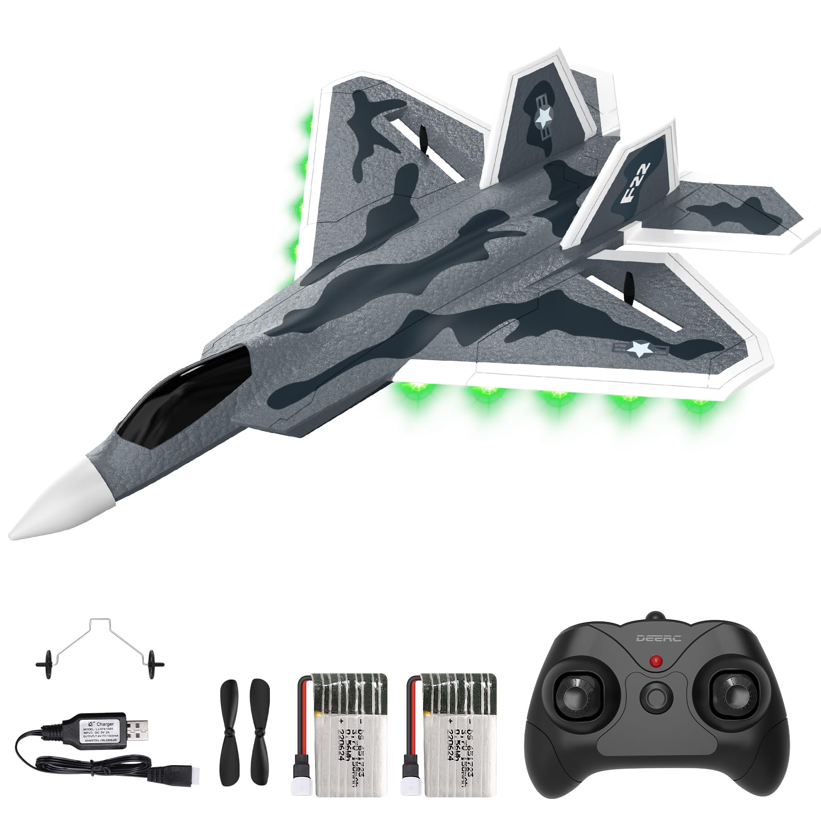 DEERC 2CH F22 Avion Teledirigido con Luces, Avión RC Combate Control Remoto, Planeador RTF con Estabilizador Giroscópico de 6 Ejes de 2.4 GHz y 2 Baterías, Fácil de Volar para Niños y Principiantes.