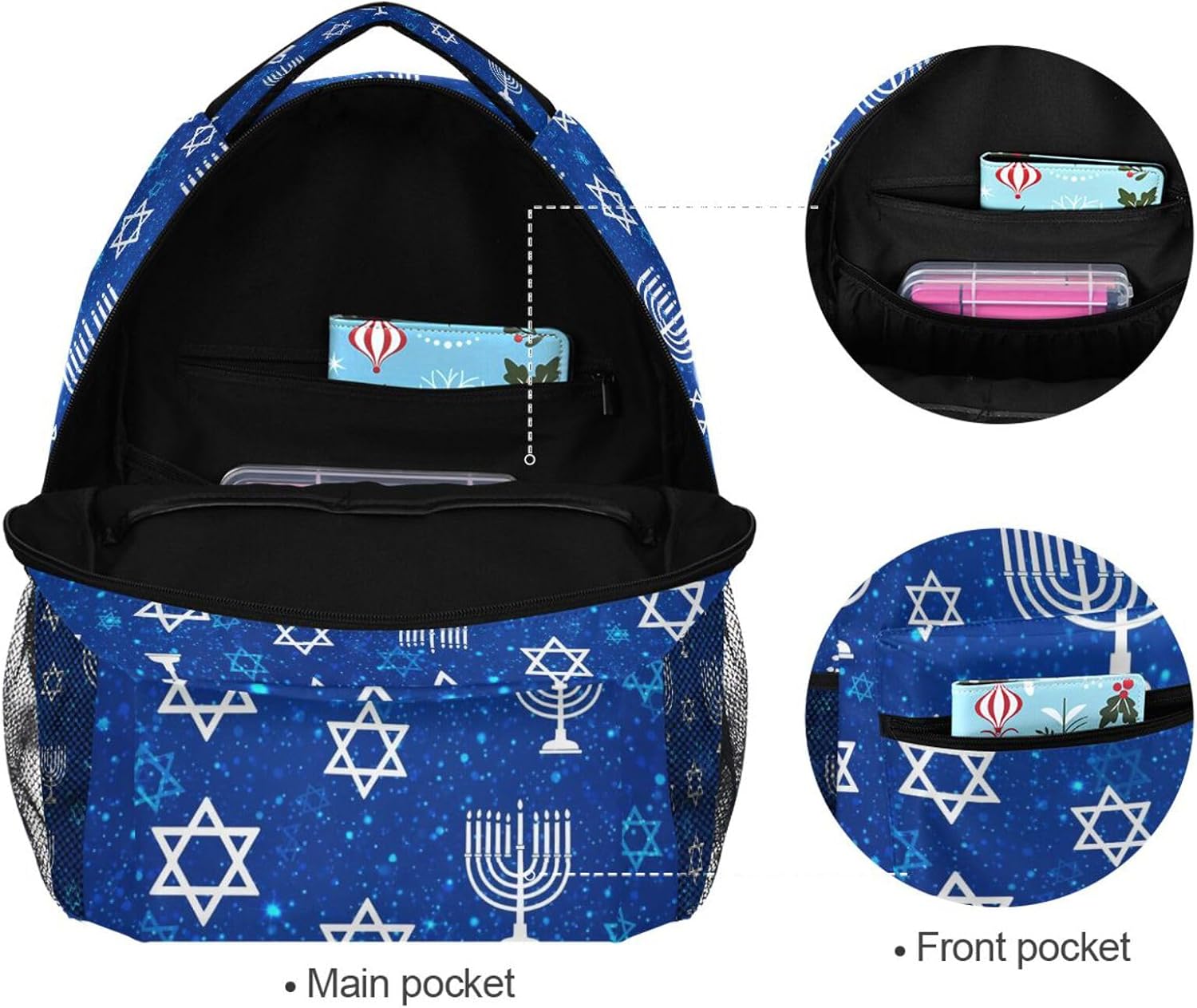 QUGRL Hanukkah Symbols Blue School Backpack for Girls Boys Large Bookbag Laptop Computer Bag Casual Hiking Travel Daypack Backpack Schoolbag for Teens College 16 Inch